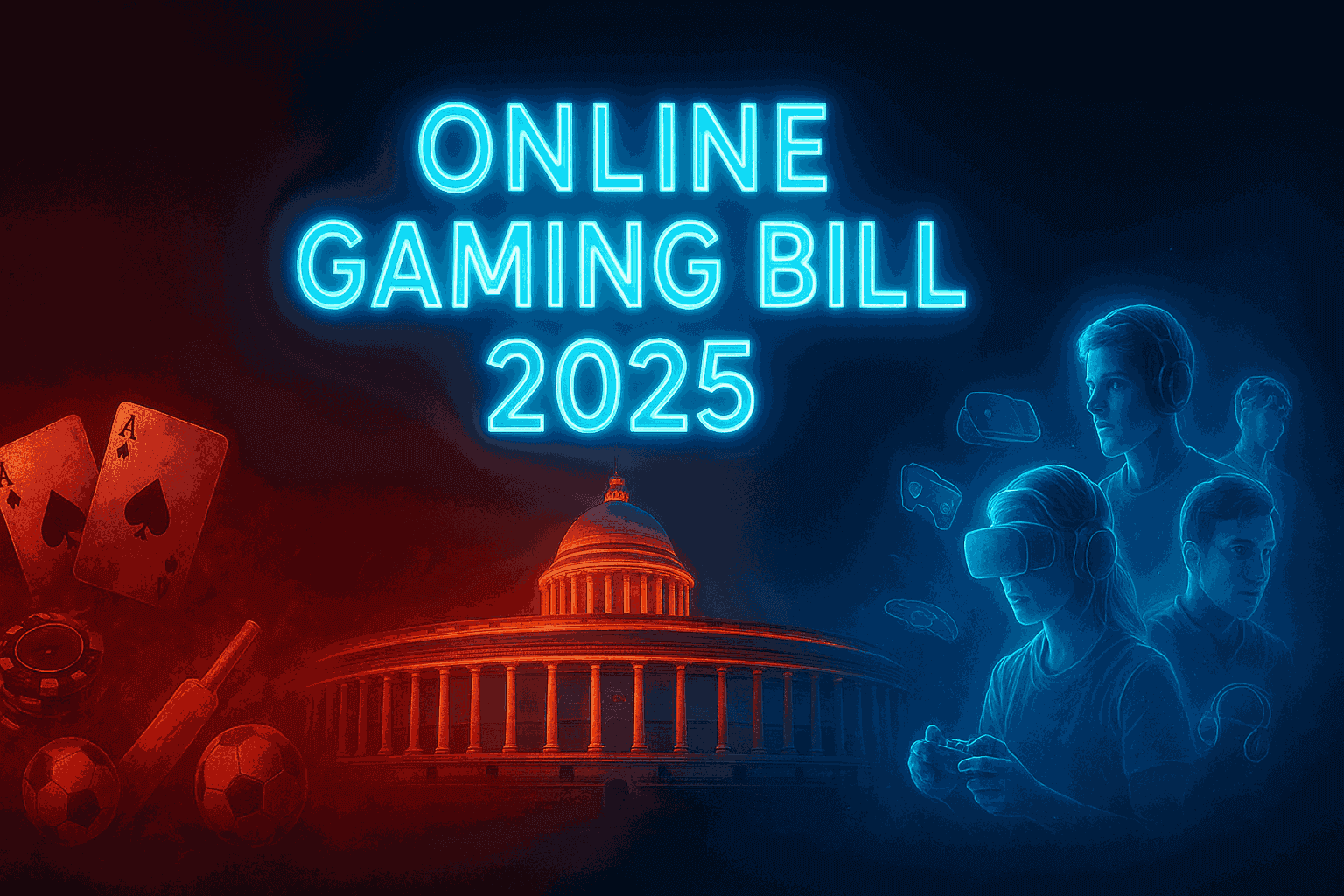 Futuristic illustration of Indian Parliament with Online Gaming Bill 2025 highlighting ban on real-money games and promotion of e-sports